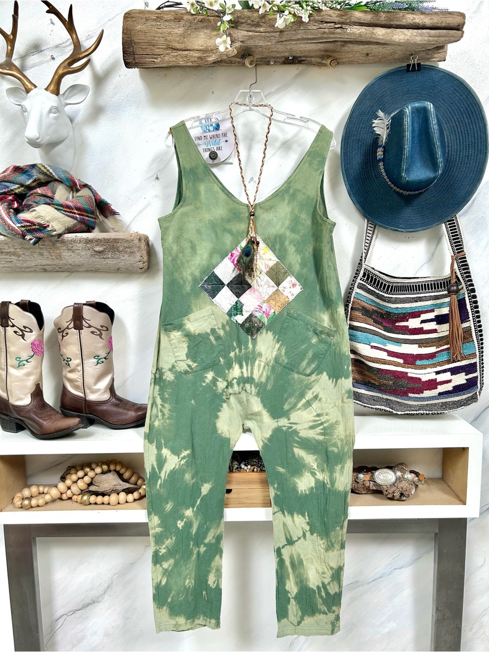 Upcycled patchwork Tie-Dye Romper Jumpsuit w cottagecore farmhouse hippy vibe